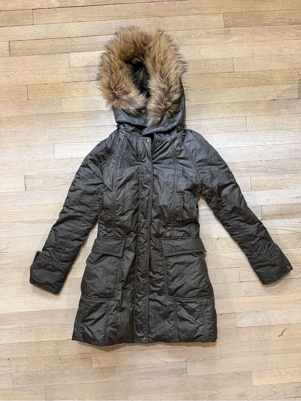 Marc New York Olive Green Hooded Puffer Coat with Faux Fur Trim